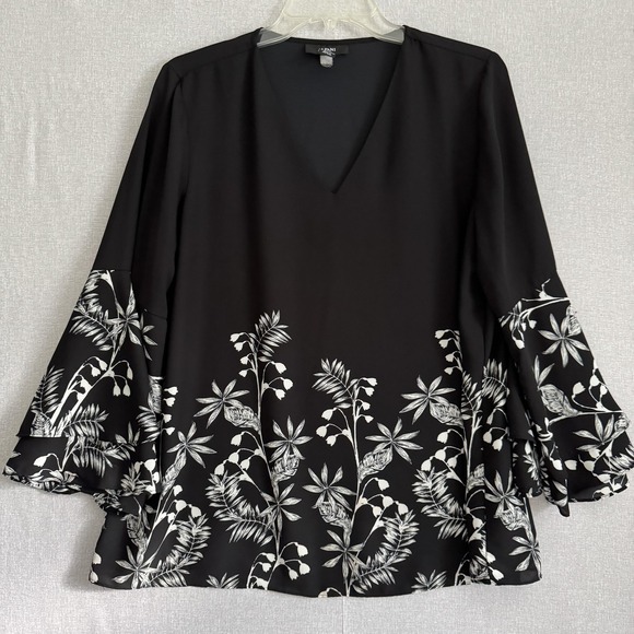 Alfani Dress Womens 16P Black White Floral Bell Sleeve V Neck Tunic Blouse Top - Picture 1 of 6